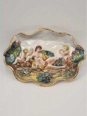 Capodimonte Oval Vanity Dish Man Cherubs Satyr Ruffle Gold Leaf  Italy